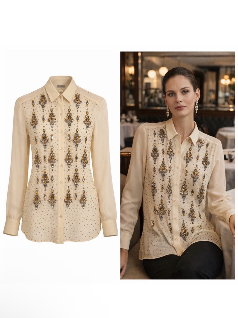Dries Van Noten Tan Blouse Silk Beaded Embellished 10 Cocktail Party Fancy 🟡